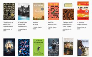 Grid layout of books, with each book scaled to fit within a set pixel value for height.