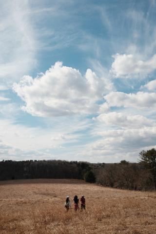 Three walkers in a field under a sky full of clouds.