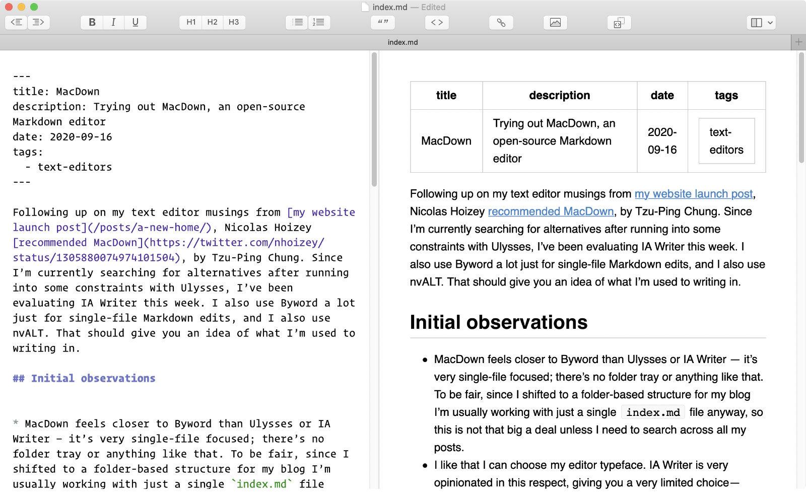 MacDown rendering of YAML front matter, after checking the “Detect Jekyll front-matter preference checkbox”.