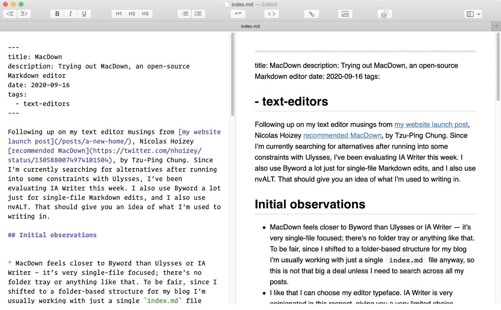 MacDown default rendering of YAML front matter, with the directives rendered inline instead of in a table.