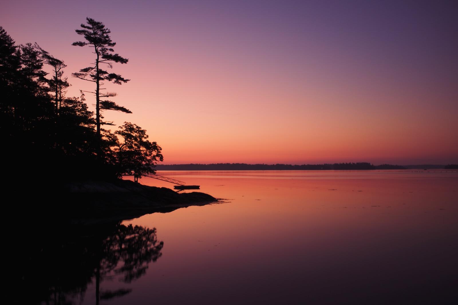 A sunrise photo with a tree silhouetted against a purple and orange sky