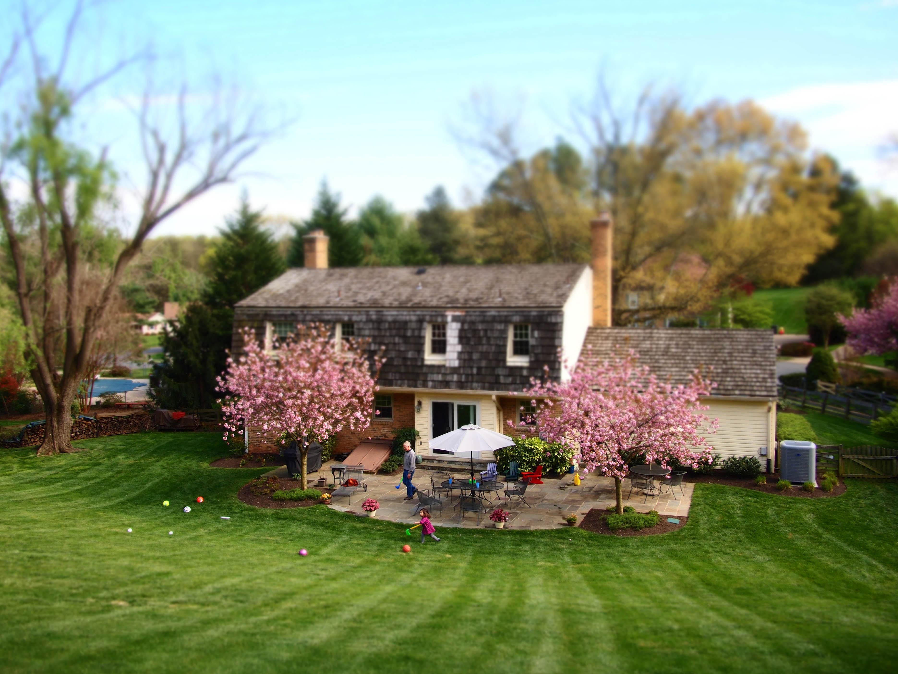 House shot from up a hill, using a tilt-shift effect.