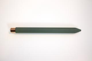A click-mechanism pen with a green body and copper clicker.