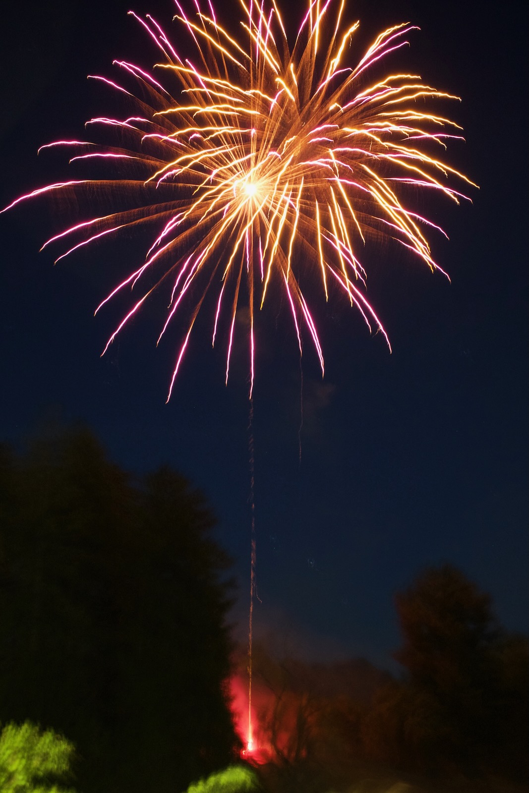 A long exposure of fireworks, with a red smoke trail leading back to where they were launched. In the foreground tree branches are lit up.