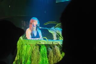 A singer playing piano.